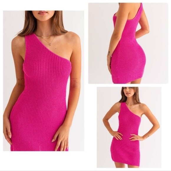 Le Lis Dresses & Skirts - Le Lis Barbie Pink Crochet One Shoulder Mini Bodycon Dress; Woman’s medium